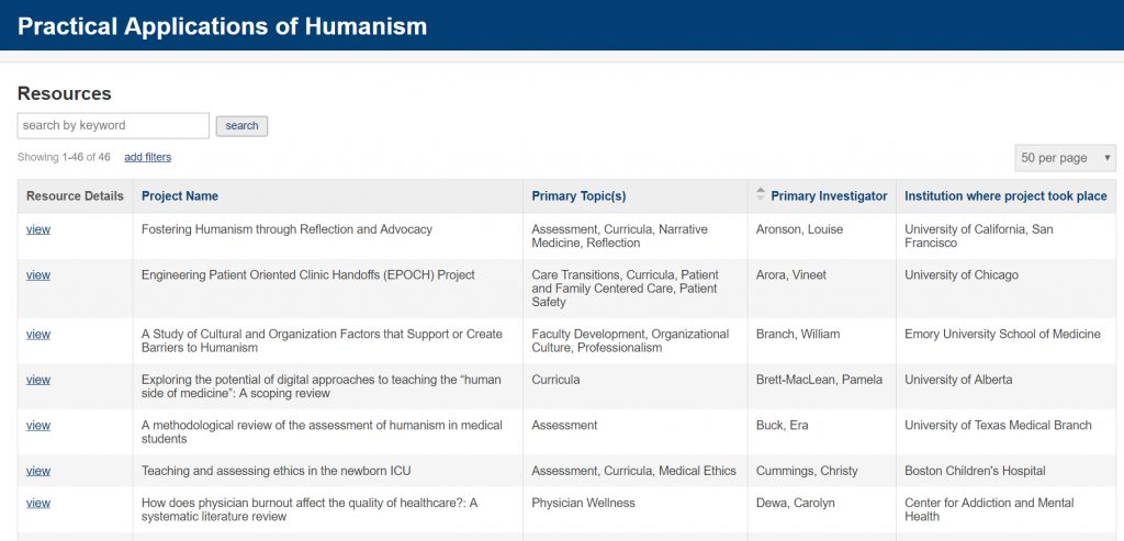 Screenshot of Practical Applications of Humanism Database