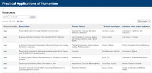 Screenshot of Practical Applications of Humanism Database