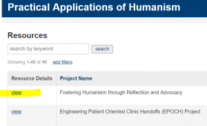 Screenshot of Practical Applications of Humanism Database "View" link
