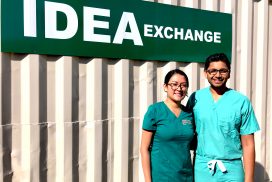 Gabriella Amaya (left), Atoofa Baig (not pictured), and Heidi Iskander (not pictured) are senior BSN students at University of Miami who serve as patient navigators for the Patient Navigation Program - the result of a Gold Student Summer Fellowship awarded to Hardik Patel (right), director of the Patient Navigation Program and a second-year MD/MPH student. (Credit: IDEA Wound Care Clinic)