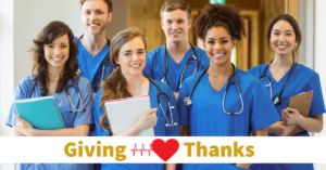 Photo healthcare team members with Giving Tuesday words and a heart