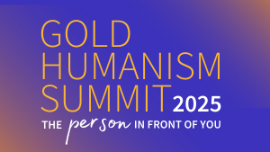 words GOLD HUMANISM SUMMIT in gold on a blue background along with 2025 and "The person in front of you" below