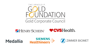 The Arnold P. Gold Foundation logo with Gold Corporate Council underneath, and then the logos of the five members: Henry Schein, CVS Health, Medallia, Siemens Healthineers, Zimmer Biomet
