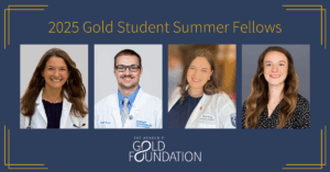 Navy blue rectangle with four headshots of students with the Gold Foundation logo