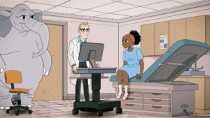 Scene in the animated film "The Elephant in the Waiting Room" with a patient sitting on the examination room table, a doctor behind a computer, and a large gray elephant in the room.