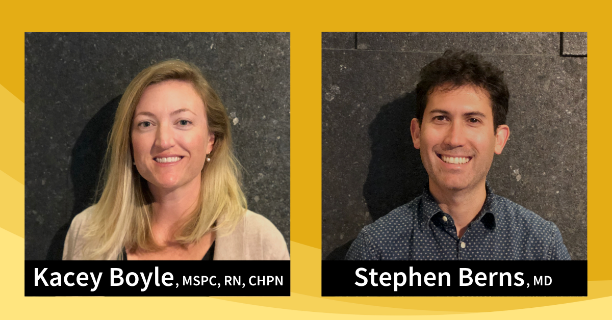 Two headshots on a gold background. On the left, nurse Kacey Boyle, on the right, doctor Stephen Berns