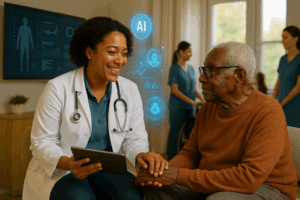 Image of a doctor and patient where doctor is both touching and smiling at the patient while AI technology provides data and information