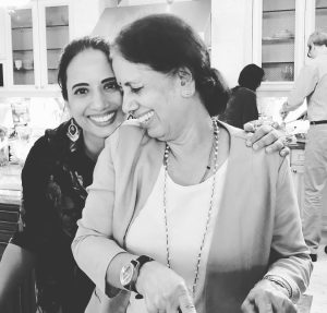 Black-and-white photo of Dr. Gauri Agarwal and her mother, beaming
